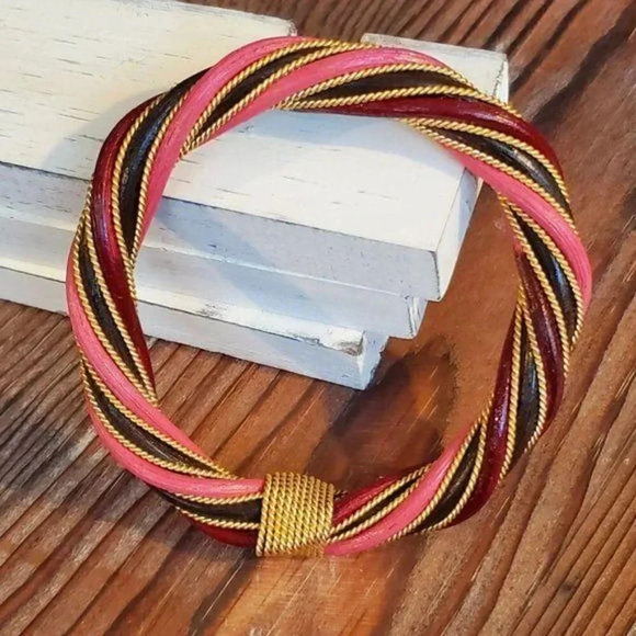 Twisted Rattan Bangle Bracelet Gold Pink Black - Picture 1 of 5